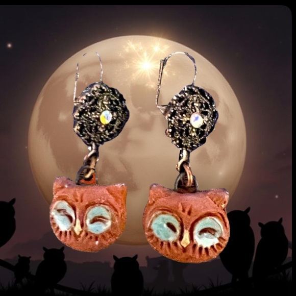 Handmade Owl earrings with rhinestones  Handcrafted NWT - Picture 6 of 10